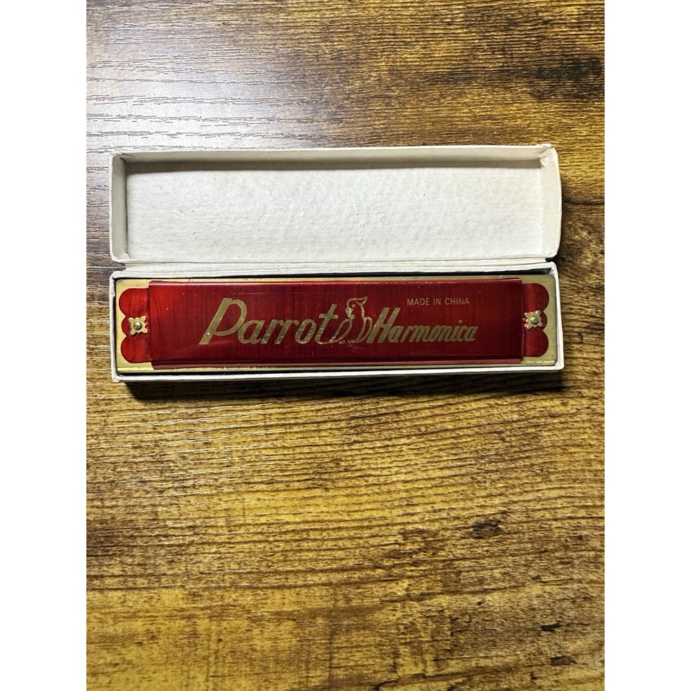 Vintage Parrot Brand Harmonica Red Metallic Finish Gold Logo With Box
